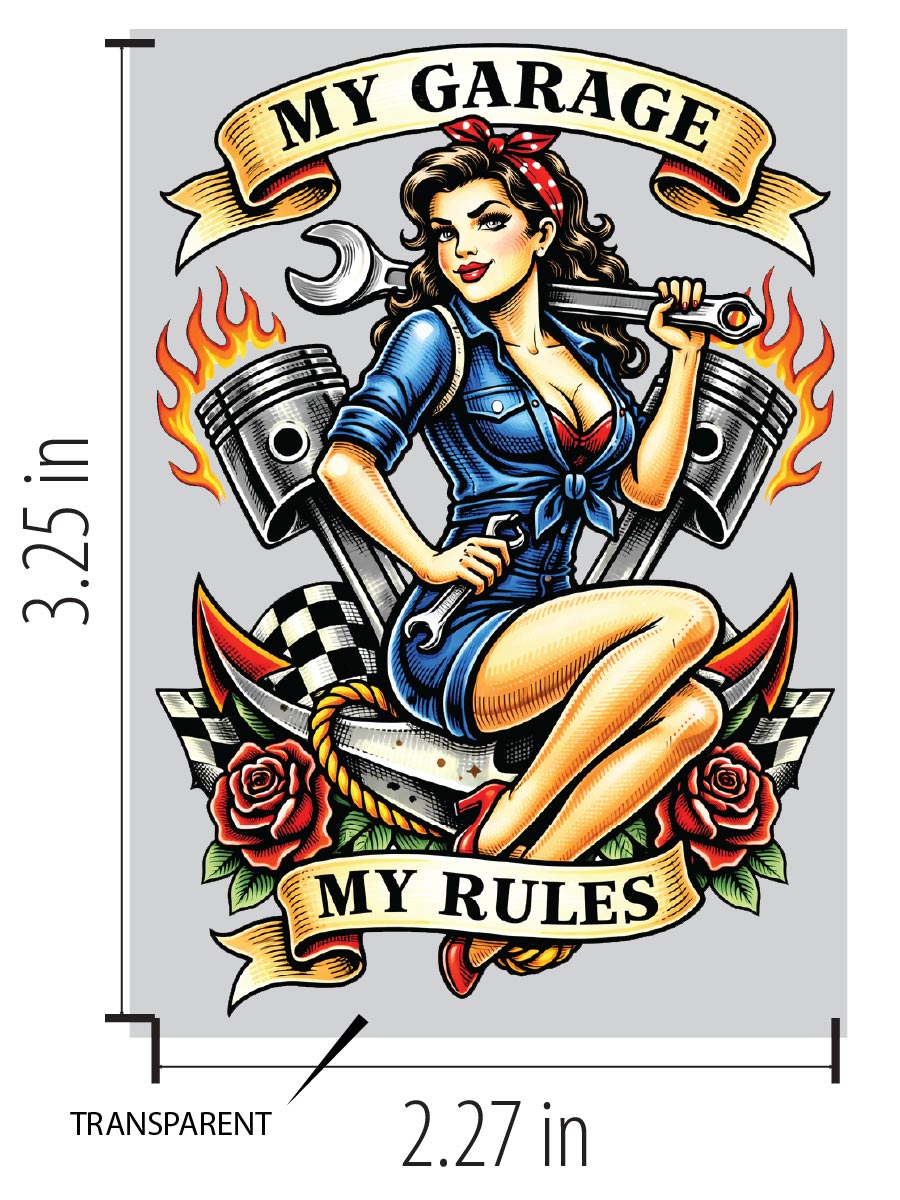 My Garage My Rules — Retro Mechanic Pin-up Sticker