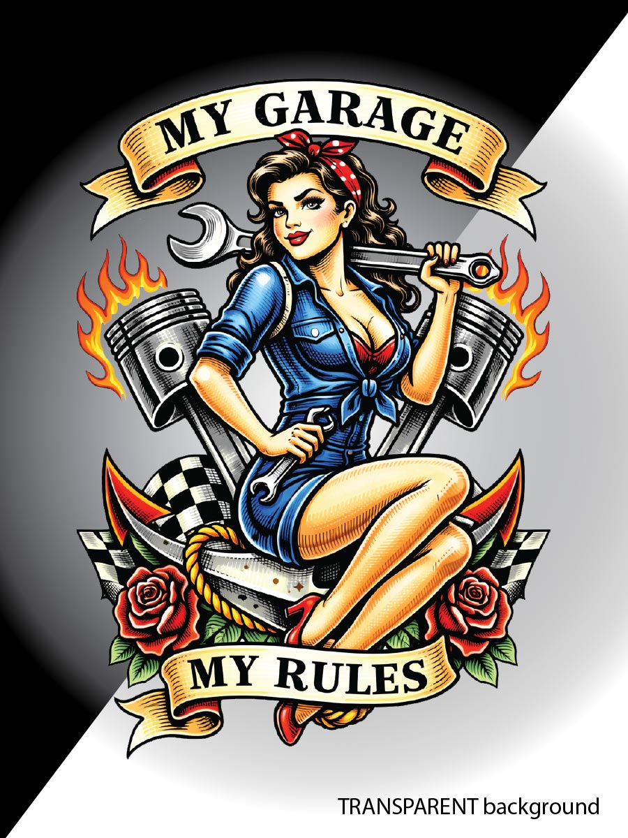 My Garage My Rules — Retro Mechanic Pin-up Sticker